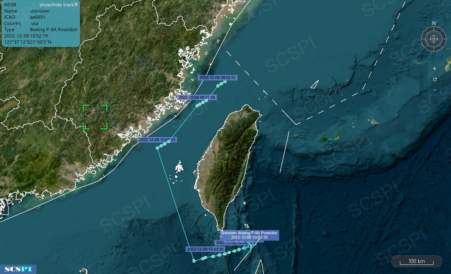 中國半官方性質智庫「南海戰略態勢感知計劃平台」(SCSPI)指控美國海軍一架編號「#AE6891」的P-8A「海神式」(Poseidon)海上巡邏機，由北而南穿越台灣海峽，而且最接近中國時，距「領土基線」僅有13海浬(約24公里)。   圖：翻攝@SCS_PI推特