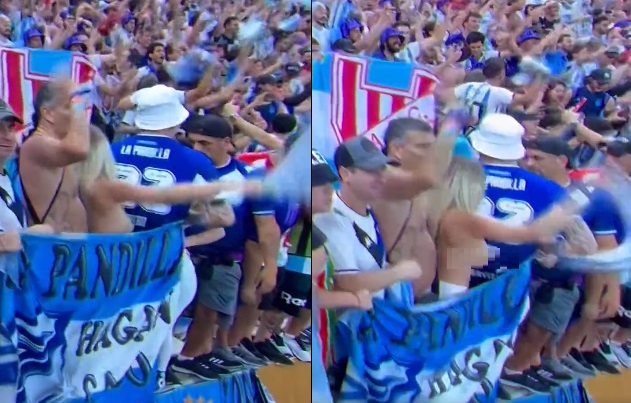 激動的阿根廷女球迷興奮到露出胸部，引發熱議。   圖:翻攝自推特