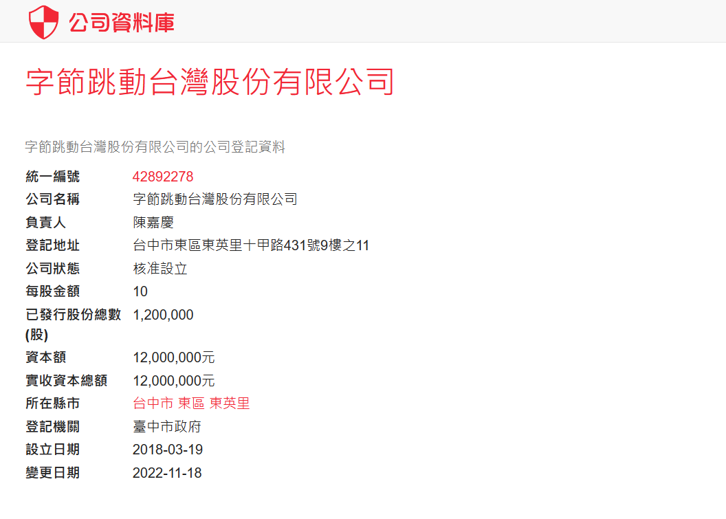 字節跳動台灣股份有限公司前身為「昇洋國際生技有限公司」，於今年 11 月申請變更名稱。   圖：翻攝自台灣公司資料庫