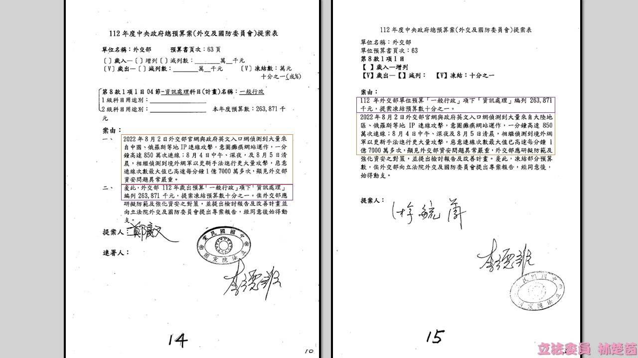 國民黨立委將同樣理由前後段落對調，提出外交國防委員會第14、15案；民進黨立委林楚茵批評是「案由換句話說」。 圖：翻攝立法委員 林楚茵臉書
