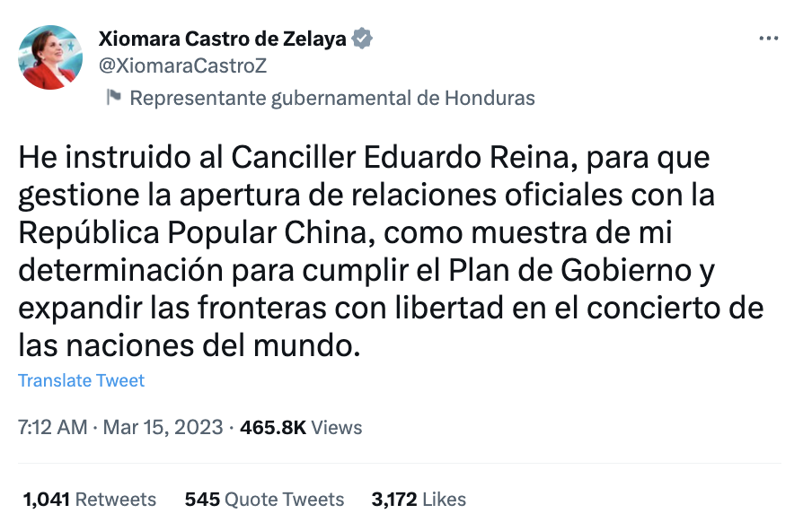 宏都拉斯總統卡蕬楚（Xiomara Castro）發文稱要與中國建立正式外交關係。   圖：翻攝自卡蕬楚推特