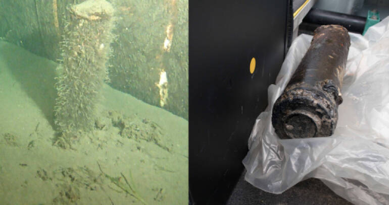  丹麥當局在「北溪-2號」的海底發現一個信號煙霧彈，並已打撈上岸。 圖：丹麥能源署/提供 