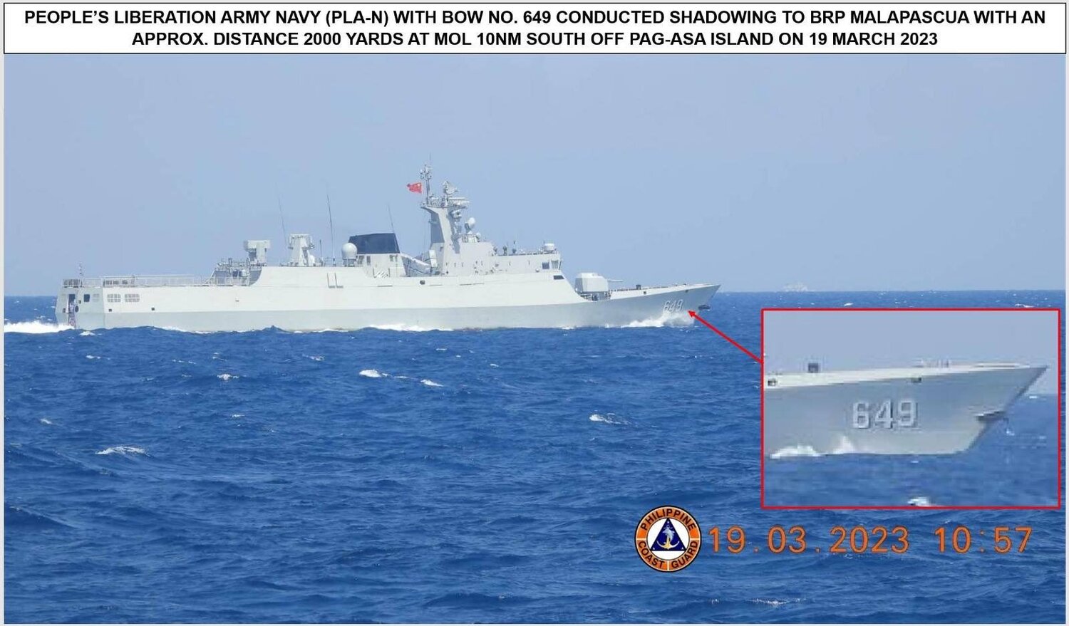  菲律賓海岸警衛隊(PCG)指中國解放軍056A型飛彈護衛艦「廣元號(舷號649)」，在菲國主張擁有主權的海域內活動。 圖：翻攝@coastguardph推特 