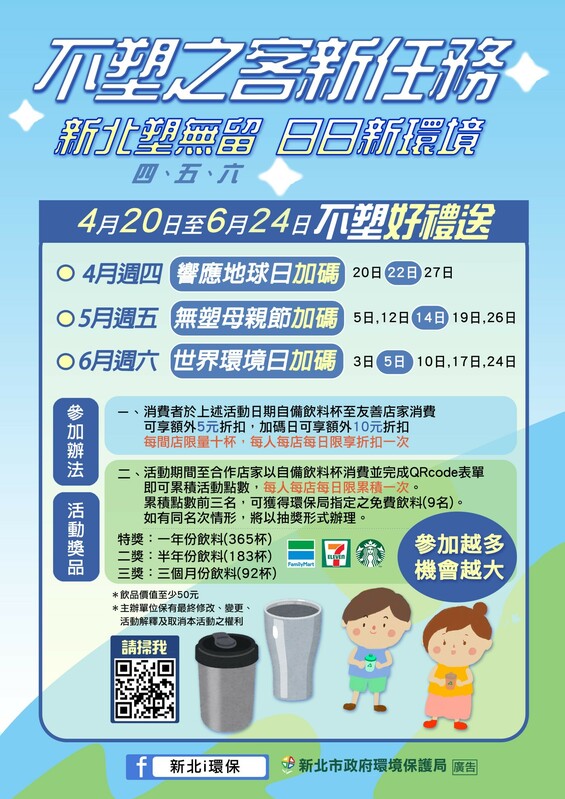 環保局推出不塑之客新任務「新北塑無留(456) 日日新環境」，自4月20日起至6月24日止，只要自備飲料杯前往參與活動店家消費，就有機會獲得多重好康。   圖：新北市環保局提供