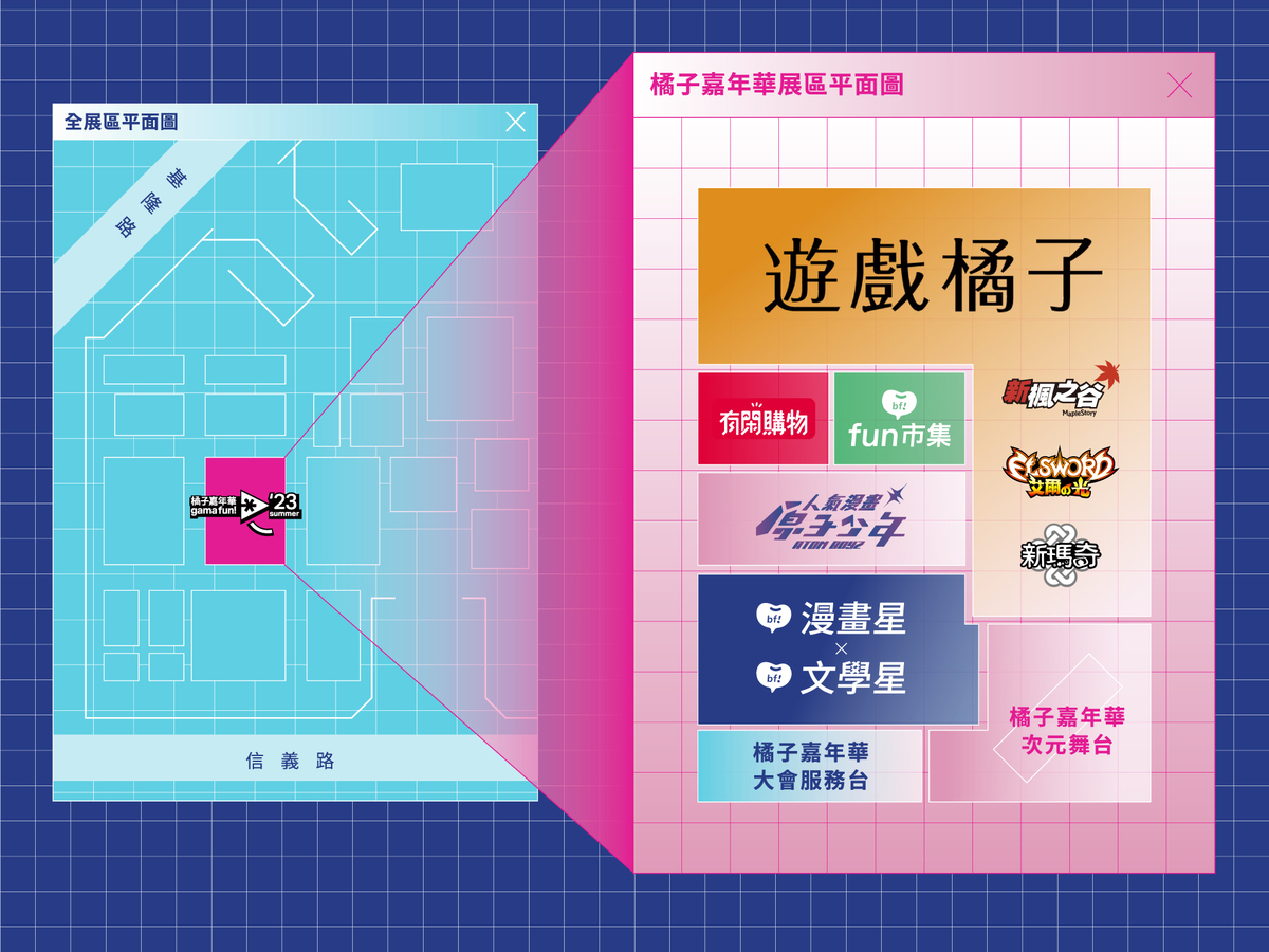 橘子嘉年華進駐漫博會，集結遊戲橘子、 beanfun! 、漫畫星X文學星、有閑購物、橘子支付、fun市集等多元服務，打造5大特色IP展區。 圖：遊戲橘子/提供