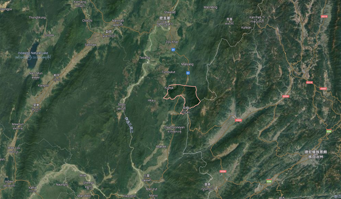 位於八莫與密支那中間的南山陽村(Nam Sang Yang),為兩地重要交通樞紐。 圖:翻攝自Google Map 位於八莫與密支那中間的南山陽村(Nam Sang Yang),為兩地重要交通樞紐。 圖:翻攝自Google Map