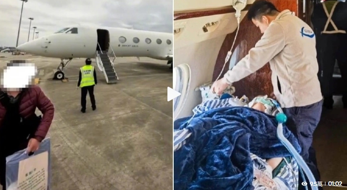  在西藏出車禍的「血槽姐」搭乘灣流G550私人飛機就醫，還一路有警車開道送至醫院。 圖 : 翻攝自X (前推特) 