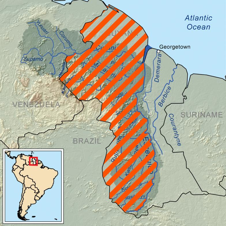  委內瑞拉主張擁有佔圭亞那版圖2/3的艾瑟奎波地區（橘色區域），有豐富的石油礦藏，成為兵家必爭之地。 圖：翻攝自維基網站 