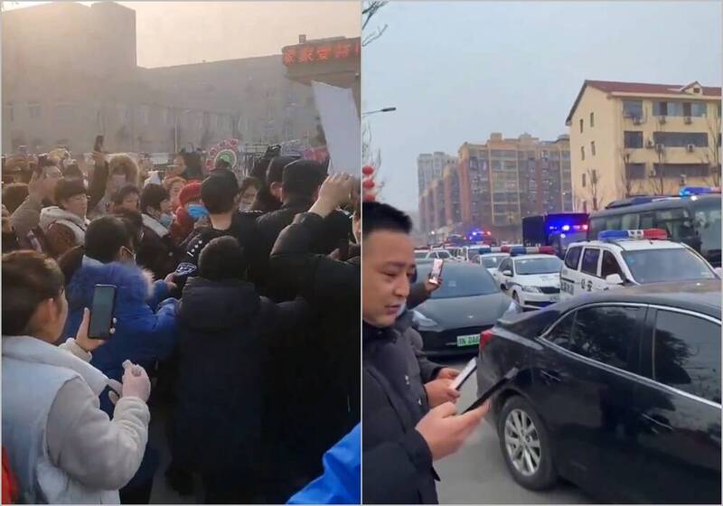  中國河南省寧陵縣一名初中生疑遭霸凌在校內墜樓死亡，28日引發上萬民眾上街遊行抗議討說法，憤怒民眾與警方爆發衝突，中共當局急調大批警力進城封鎖。 圖：翻攝X（前推特） 