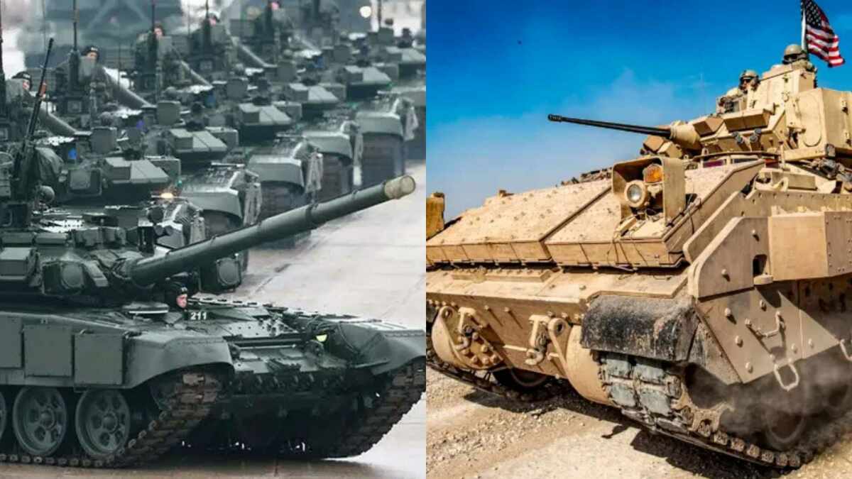  俄國T-90M 主戰坦克(左)與M2A2「布拉德利」步戰車(右)。 圖 : 翻攝自騰訊網(新頭殼合成) 