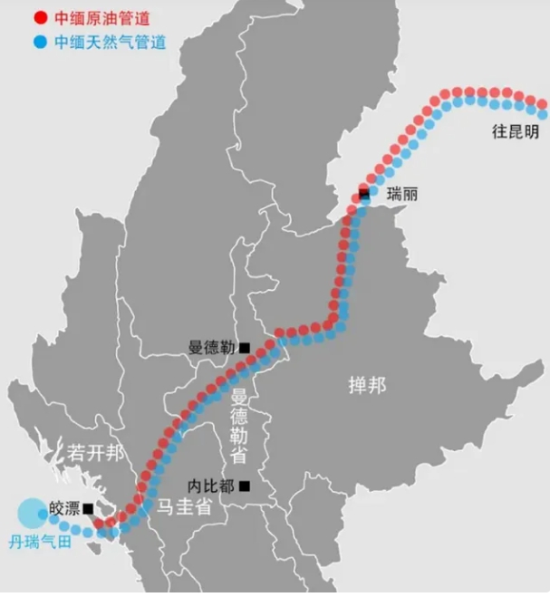 皎漂港於 2017 年正式啟用，使中國進口中東原油不必再經麻六甲海峽的中緬油氣管道，起點就在皎漂港及不遠處的馬德島港。 圖 : 翻攝自唐駁虎 