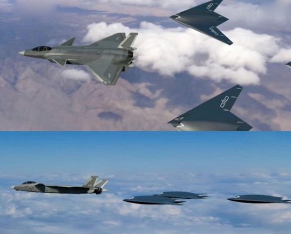  解放軍殲-20戰鬥機指揮GJ11 (攻擊11) 隱形無人機「忠誠僚機」編隊作戰。 圖 : 翻攝自軍事觀察 