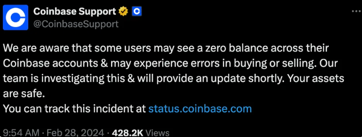 Coinbase 緊急發布聲明稱，投資者無須擔心自己的資產安全。