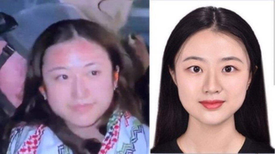  有中國網友指出，在UCLA被捕的一名抗議者戴著頭巾和口罩，其實是中國人民大學赴美研究生劉麗君，為中共黨員。 圖：翻攝自 @1X1G3Lr7pBe1AJR X 帳號 