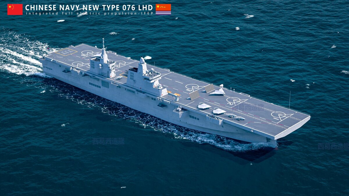 中國解放軍的 076 兩棲攻擊艦模擬圖。 圖:翻攝自 @senolenis X 帳號 中國解放軍的 076 兩棲攻擊艦模擬圖。 圖:翻攝自 @senolenis X 帳號