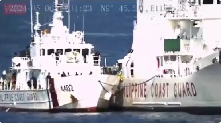 菲律賓兩艘海警船停泊在仙賓礁潟湖內，持續至今已兩個多月，中國持續阻撓菲方對這2船的補給，企圖逼離。 圖：翻攝自 湘評中外 