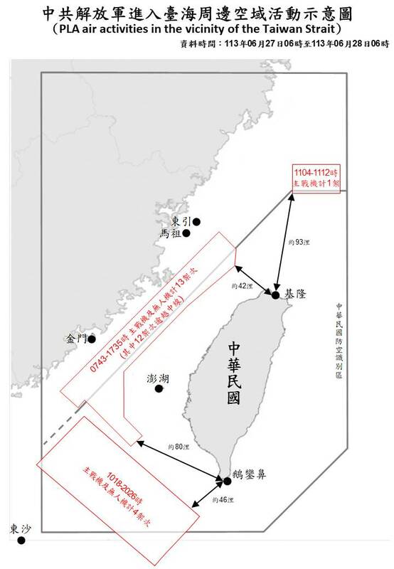  國防部公布中共解放軍進入台海周邊空域活動示意圖。 圖：國防部提供 