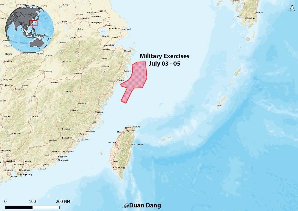  中國浙江海事局「浙航警636/24」航行警告。 圖：翻攝「X」@Duan Dang 