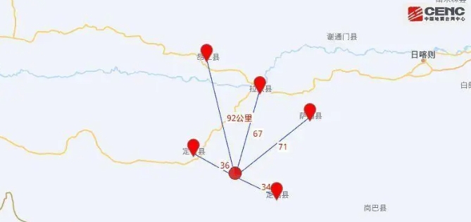  西藏日喀則地震地理位置圖。 圖 : 翻攝自中國地震台網 
