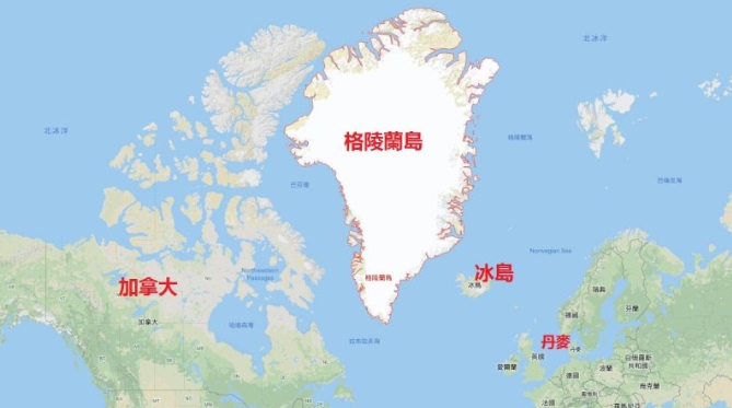  格陵蘭島的地理位置使其成為美國安全的重要一環。該島距離紐約比距離丹麥首都哥本哈根更近。 圖 : 翻攝自Google 地圖 