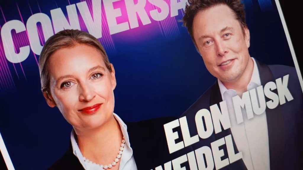 德國極右派的德國另類選擇黨（AfD）總理候選人韋德爾（Alice Weidel,左）與馬斯克（右）直播對談，在歐洲引起爭議。 圖／X 