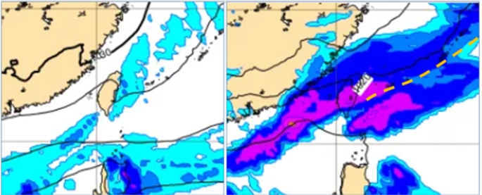 左圖：最新(8日20時)歐洲模式(ECMWF)，今(9)日8時地面氣壓及降水模擬圖顯示，西半部轉晴朗穩定，東半部偶有局部少量降雨的機率。右圖：最新(8日20時)歐洲模式(ECMWF)，週四(13日)8時地面氣壓及降水模擬圖顯示，鋒面挾南方水氣通過，伴隨大範圍明顯降雨。   圖/「洩天機教室」專欄