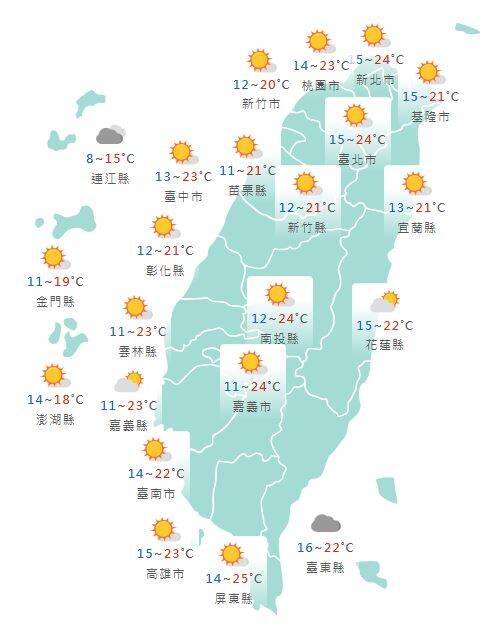 氣象署公布各地天氣預報概況。   圖：氣象署提供