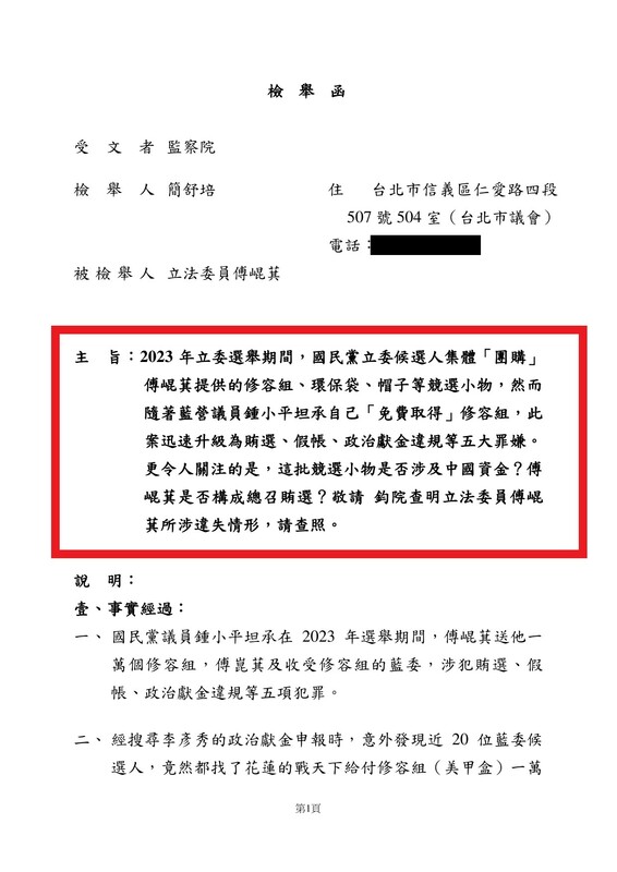 簡舒培今日針對傅崐萁「送」一萬份競選小物修容組一事，向監察院檢舉。    圖：翻攝自簡舒培臉書