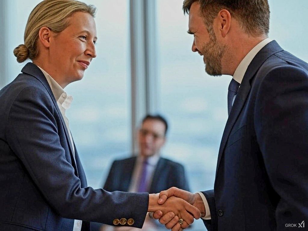  美國副總統范斯(右)與極右翼政黨「德國選擇黨」（AfD）領導人艾麗絲·魏德爾（Alice Weidel）會面，引發了外界強烈批評，認為這是在為民族主義甚至納粹意識形態背書。 圖:翻攝自X帳號@breisgauer_01 