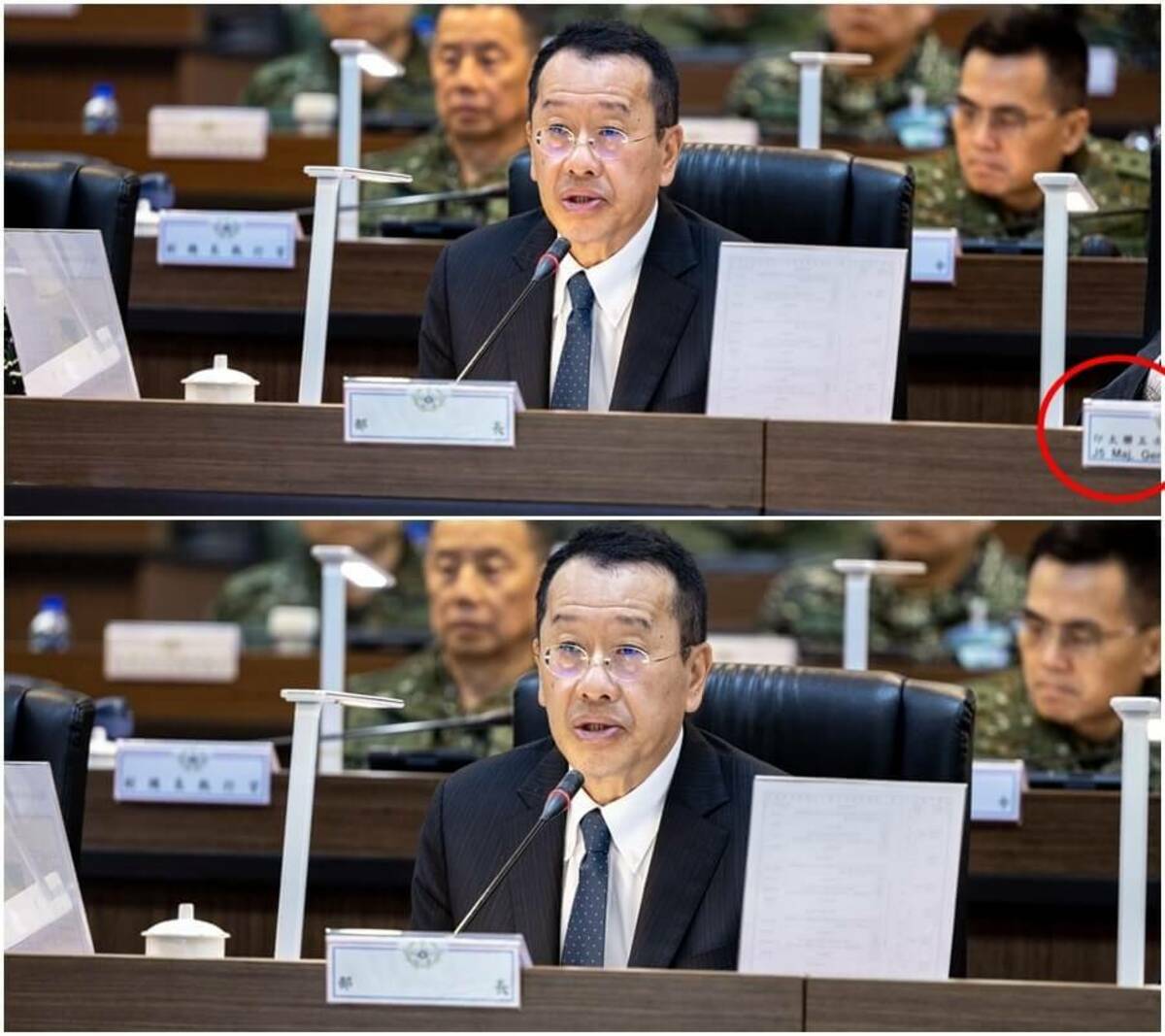  軍聞社發布漢光演習高階幹部圖上兵推照片疑似出現美軍印太司令部聯五次長的名牌（上圖紅圈處）。目前網站疑已裁掉名牌（下圖）。 圖：取自軍聞社網頁 