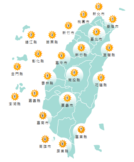 氣象署發布各地紫外線指數預報概況。   圖：氣象署提供