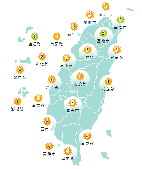 氣象署發布各地紫外線指數預報概況。   圖：氣象署提供