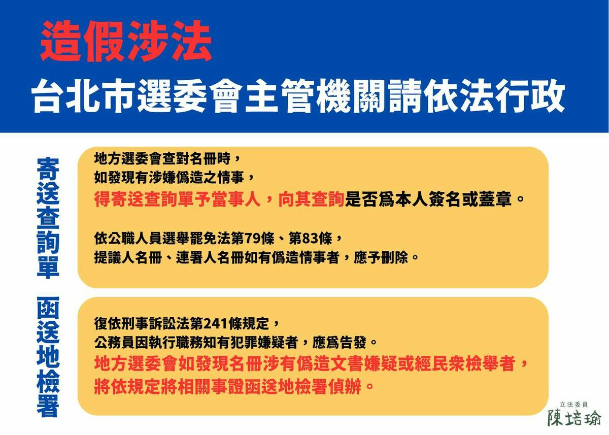 面對抄名冊造假連署，陳培瑜呼籲，台北市選委會應依法行政。   圖：翻攝自陳培瑜Thread