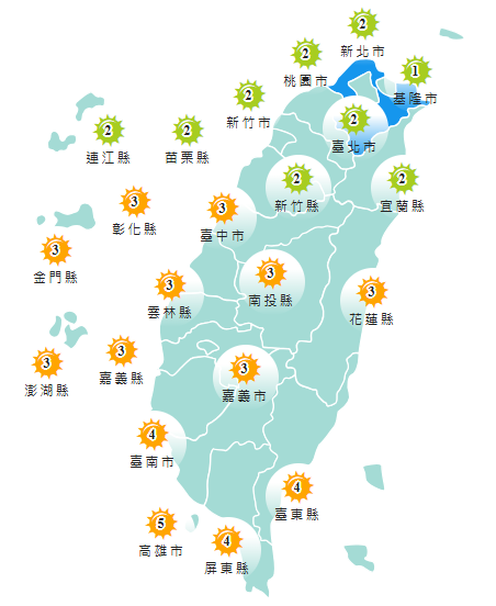 氣象署發布各地紫外線指數預報概況。   圖：氣象署提供