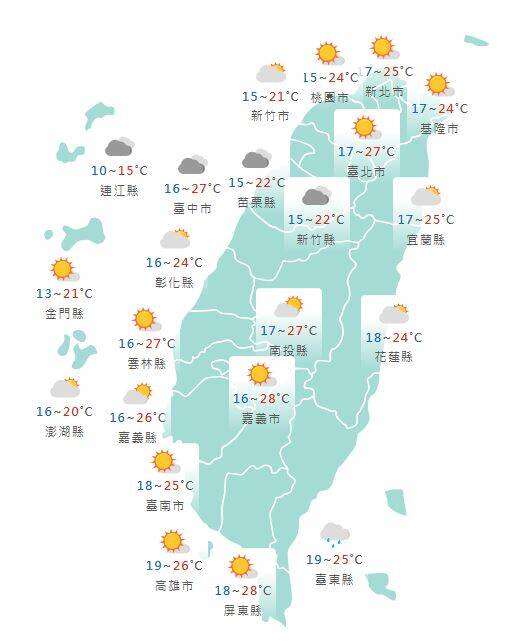 氣象署公布各地天氣預報概況。   圖：氣象署提供