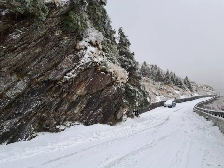 目前公路局派出鏟雪車來回清除道路積雪，周邊道路限加掛雪鏈。   圖：林業署南投分署／提供