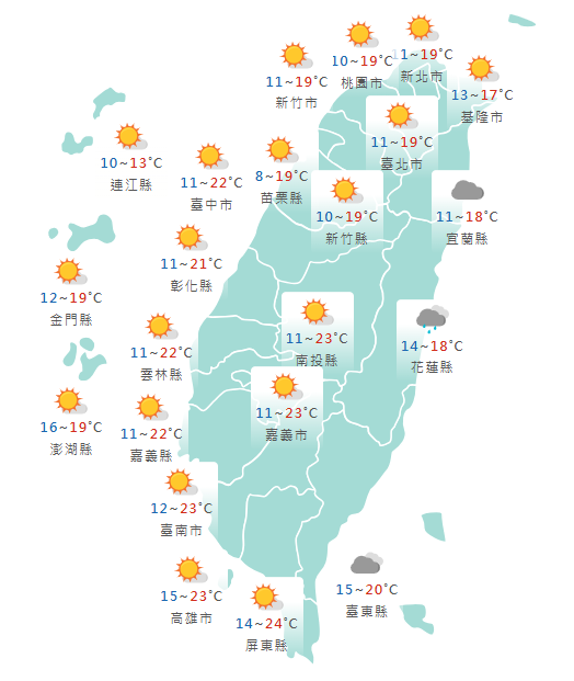 氣象署公布各地天氣預報概況。   圖：氣象署提供 