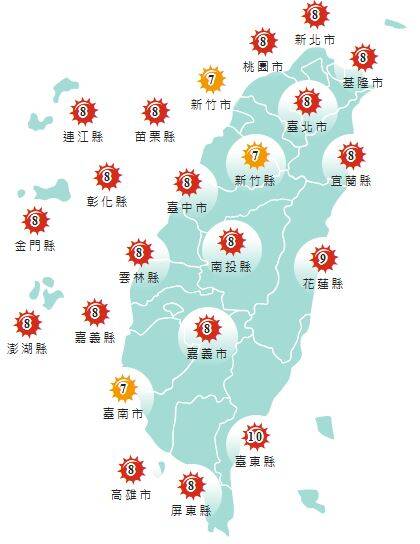 氣象署公布各地紫外線指數預報概況。   圖：氣象署提供