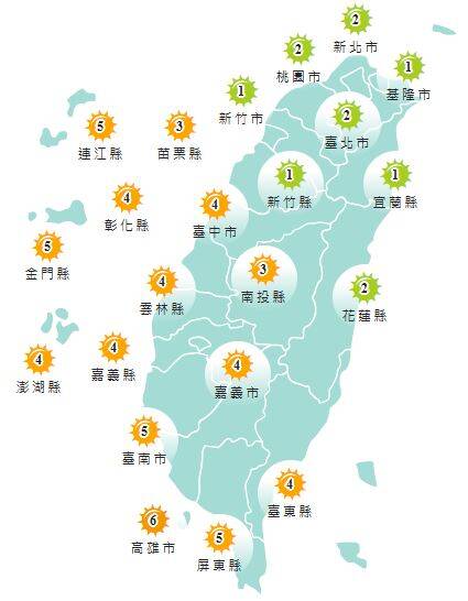 氣象署公布各地紫外線指數預報概況。   圖：氣象署提供