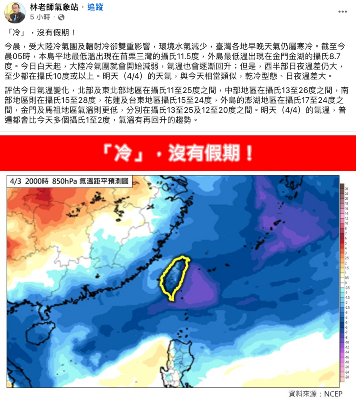 林得恩表示,今日白天起,大陸冷氣團就會開始減弱,氣溫也會逐漸回升。明日的天氣,與今天相當類似,乾冷型態、日夜溫差大。 圖:翻攝自林老師氣象站FB