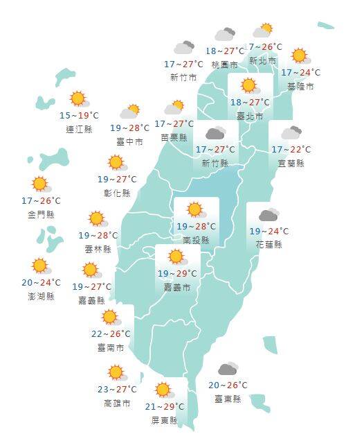 氣象署公布各地天氣預報概況。   圖：氣象署提供