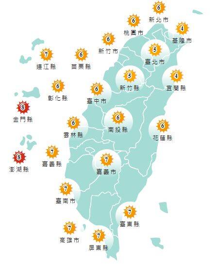 氣象署發布各地紫外線指數預報概況。   圖：氣象署提供
