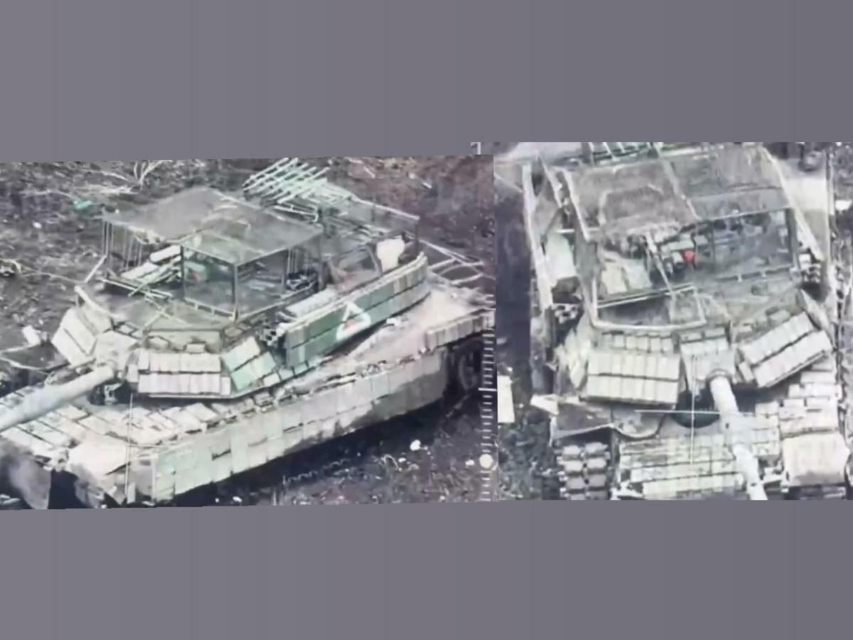  M1A1坦克出動途中不慎觸雷，導致車輛癱瘓，後續搶修車亦遭俄軍反坦克飛彈擊毀。（左為原型，右為毀損樣貌） 圖：翻攝自 騰訊新聞 