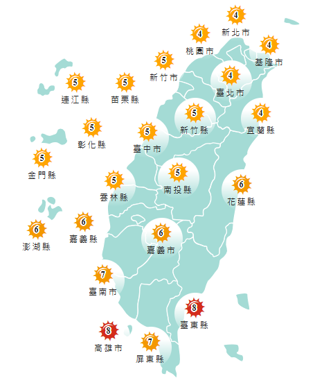 氣象署發布各地紫外線指數預報概況。   圖：氣象署提供 