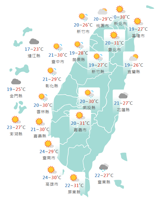 氣象署公布各地天氣預報概況。   圖：氣象署提供 