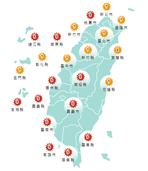 氣象署發布各地紫外線指數預報概況。   圖：氣象署提供
