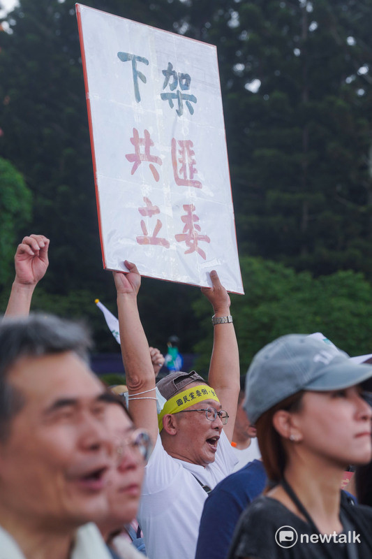 一位民眾高舉『下架共匪立委』牌子參與大罷免遊行。   圖：張良一 /攝