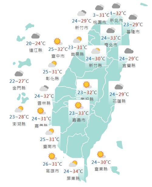 氣象署公布各地天氣預報概況。    圖：氣象署提供