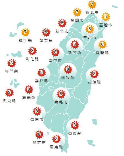 氣象署發布各地紫外線指數預報概況。   圖：氣象署提供