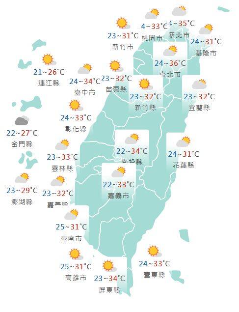 氣象署公布各地天氣預報概況。 圖:氣象署提供